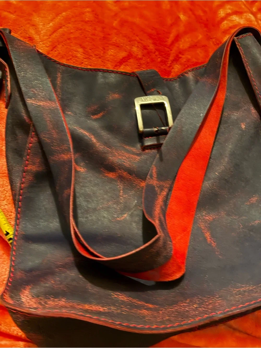 Moschino Black, blue red Leather Messenger Bag with Red Accents
